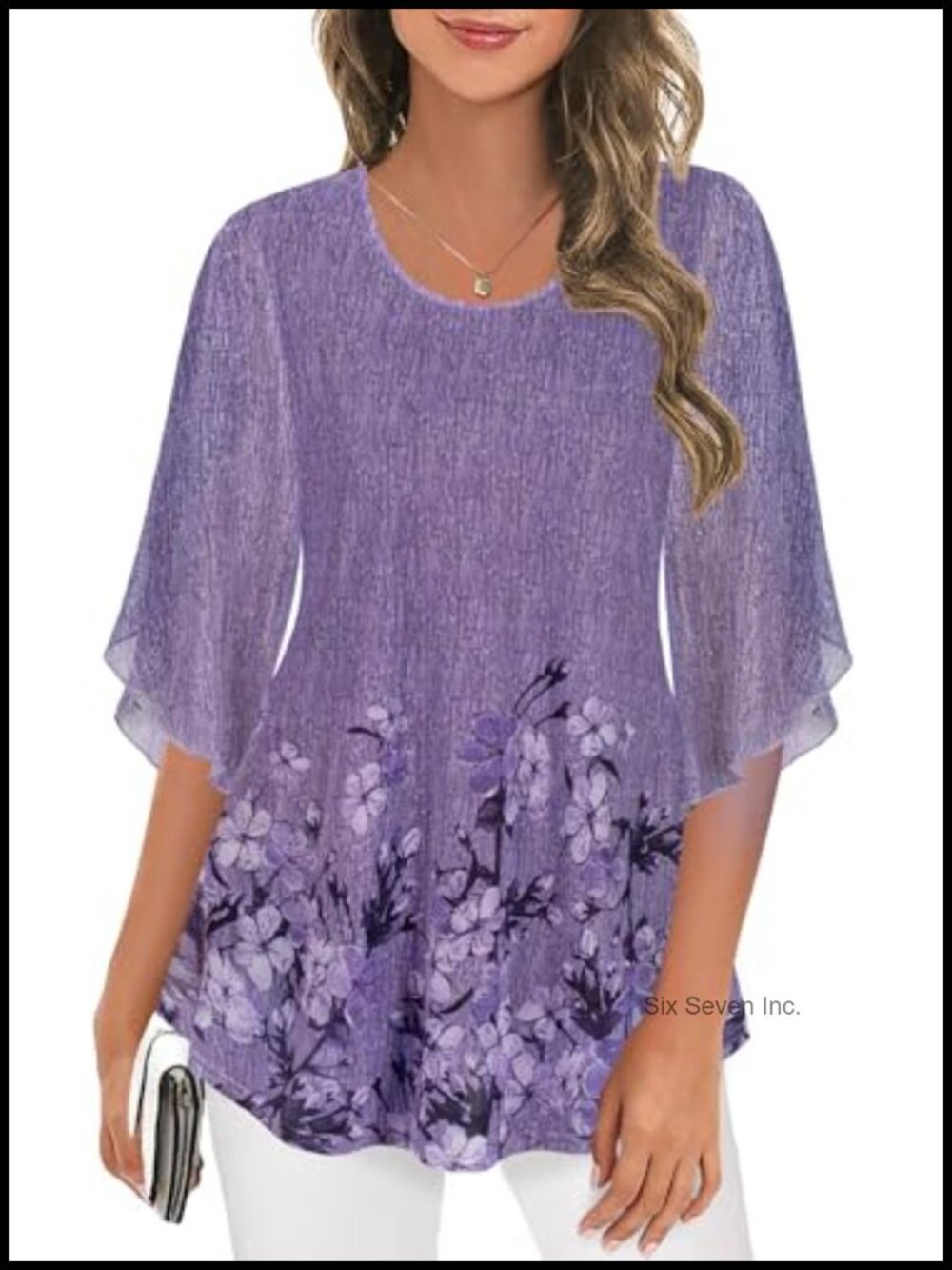 Mesh Tunic Top 3/4 Sleeve Blouse Dressy Casual Flowy Hem